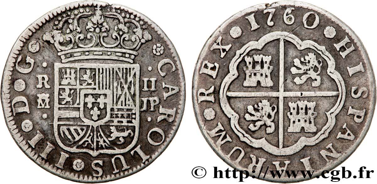 SPAIN 2 Reales Charles III d’Espagne JP 1760 Madrid VF 