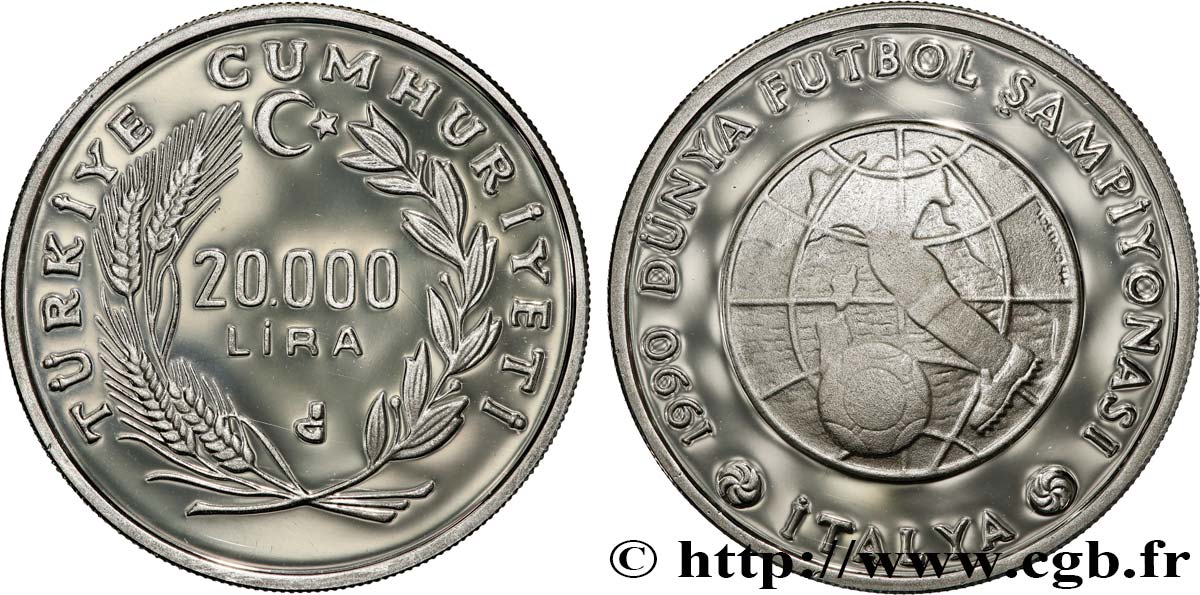 TURKEY 20.000 Lira Proof Coupe du Monde de football Italie 1990 1990  MS 