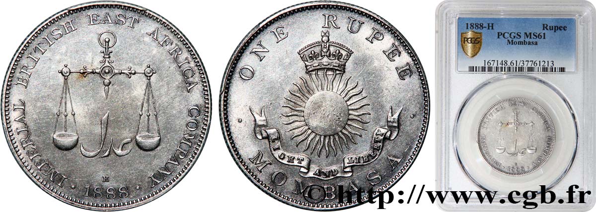 MOMBASA 1 Rupee 1888 Heaton MS61 PCGS