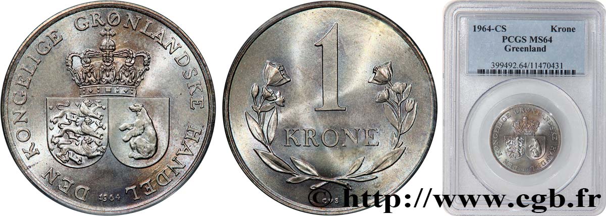 GREENLAND 1 Krone deux écus accolés et couronnés 1964 Copenhague MS64 PCGS