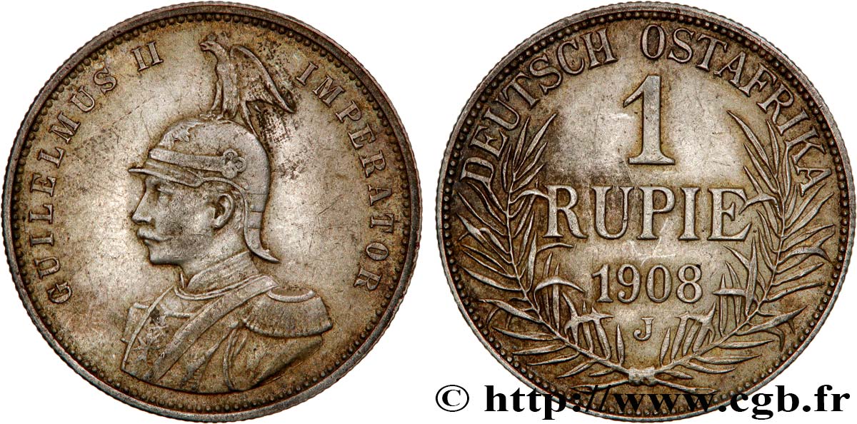 AFRIQUE ORIENTALE ALLEMANDE 1 Rupie (Roupie) Guillaume II 1908 Hambourg TTB 