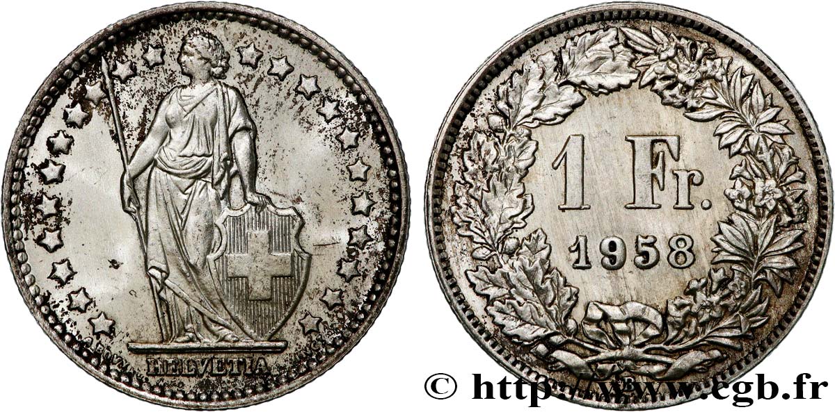 SCHWEIZ 1 Franc Helvetia 1958 Berne VZ
