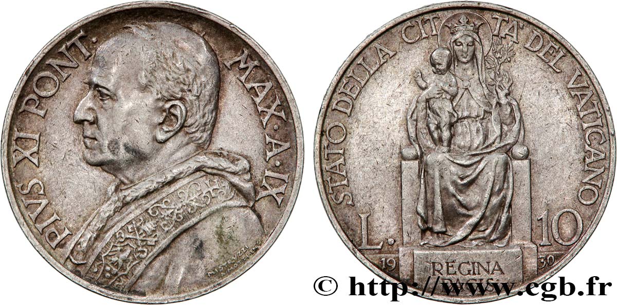 VATICAN AND PAPAL STATES 10 Lire Pie XI an IX 1930 Rome XF 