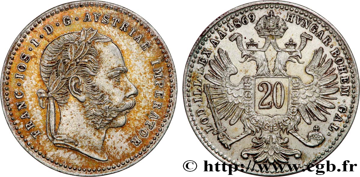 AUSTRIA 20 Kreuzer Empereur François-Joseph Ier tête laurée / aigle bicéphale 1869 Vienne SPL 