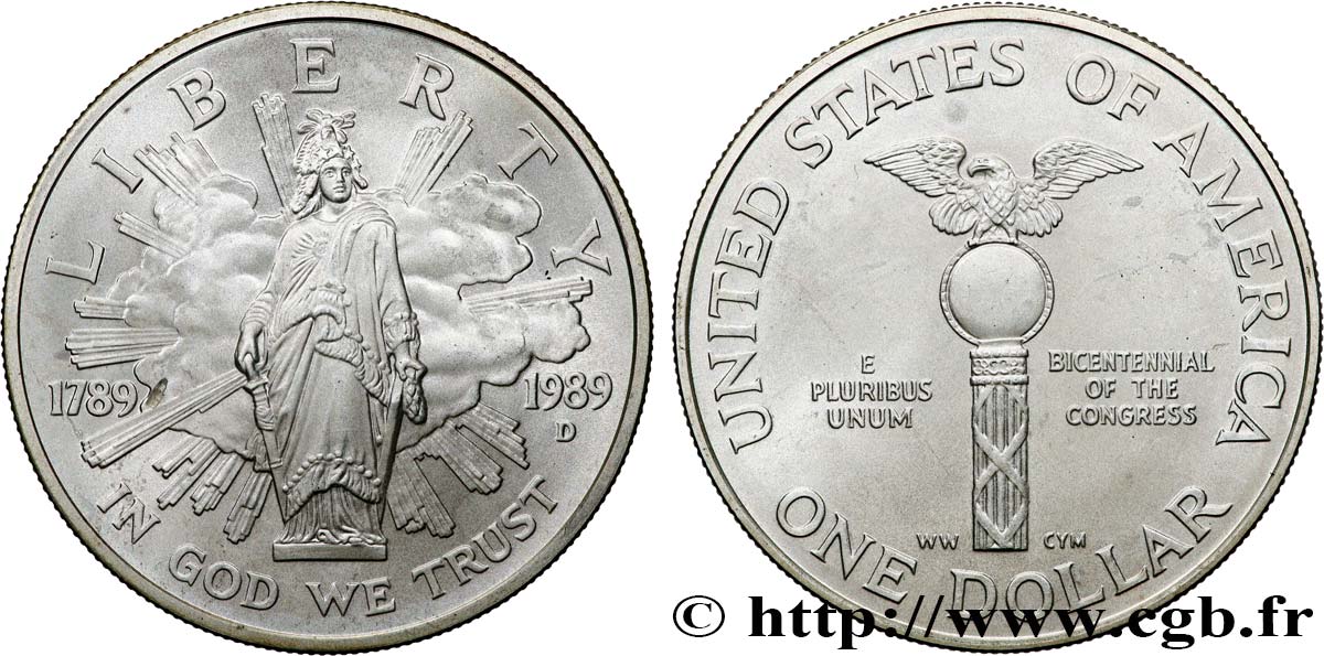 ÉTATS-UNIS D AMÉRIQUE 1 Dollar Proof bicentennaire du Congrès 1989 Denver SPL