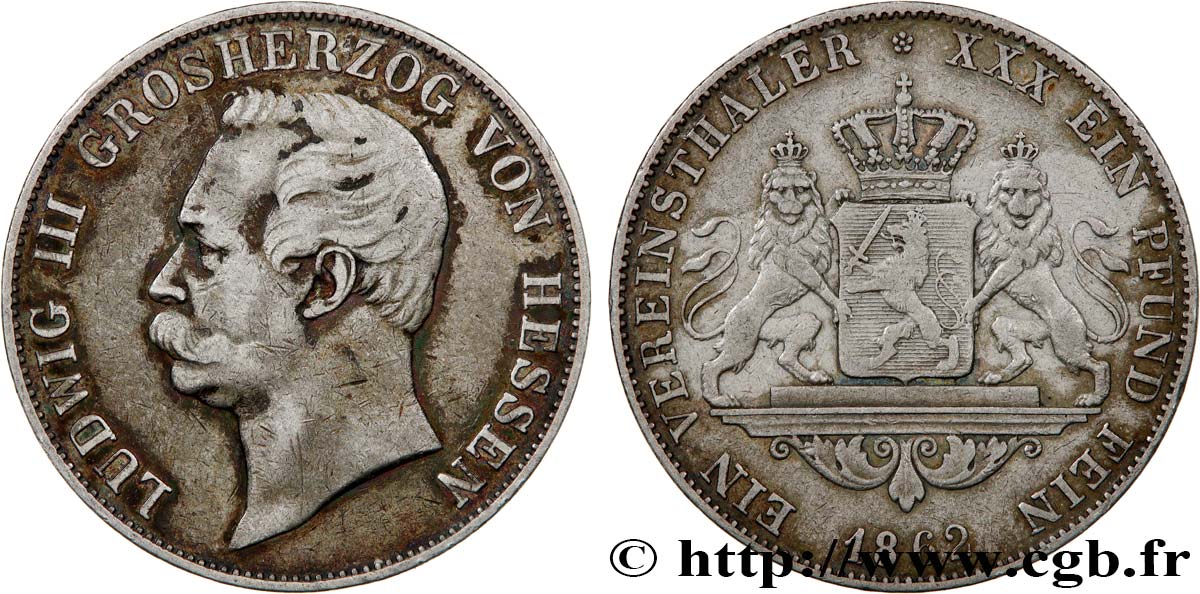 GERMANY - HESSE 1 Vereinsthaler Louis III 1862  XF 