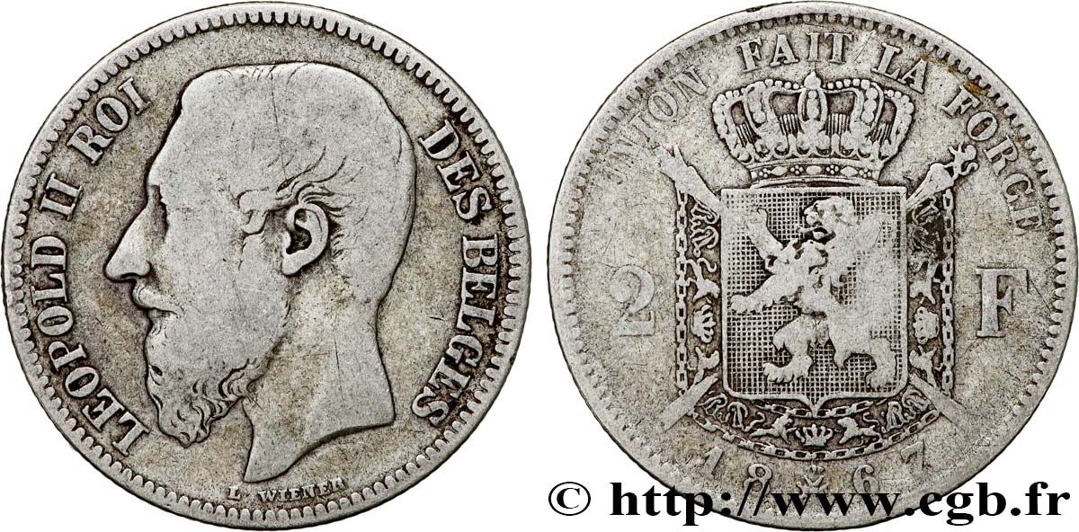 BELGIQUE 2 Francs Léopold II légende française 1867 TB+