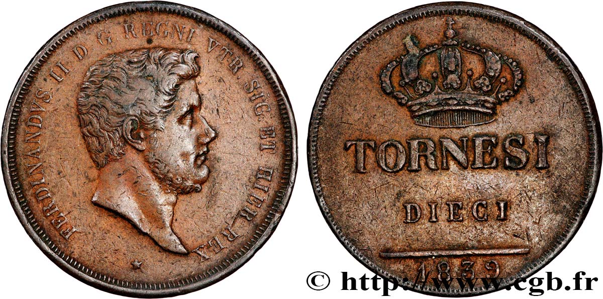 ITALY - KINGDOM OF THE TWO SICILIES 10 Tornesi Ferdinand II second portrait 1839  XF 