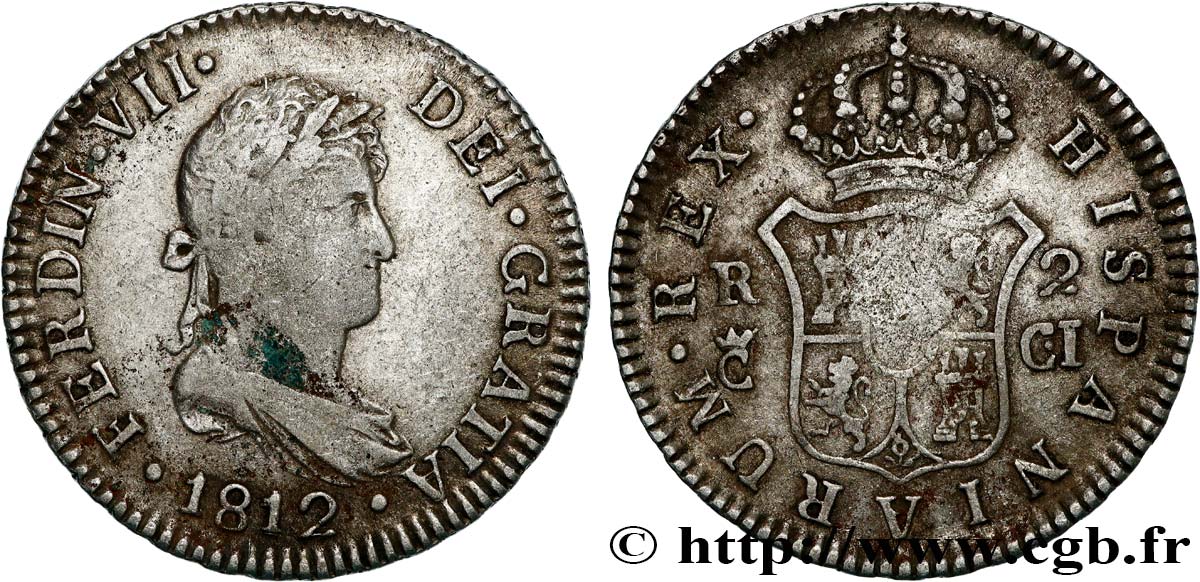 ESPAGNE 2 Reales Ferdinand VII 1812 Cadix TB+ 