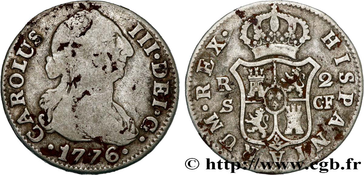SPAIN 2 Reales Charles III  1776 Séville VF/VF 