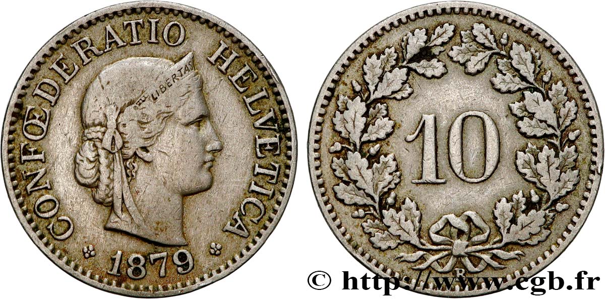 SUIZA 10 Centimes (Rappen) Helvetia 1879 Berne BC+