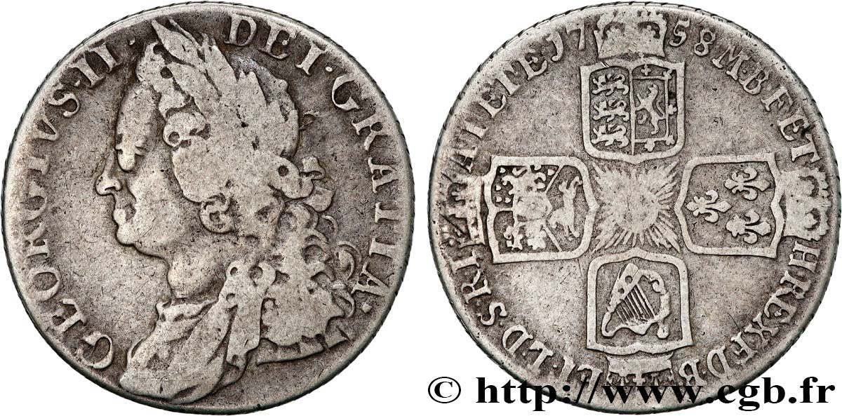 ROYAUME-UNI 1 Shilling Georges II 1758  TB+ 