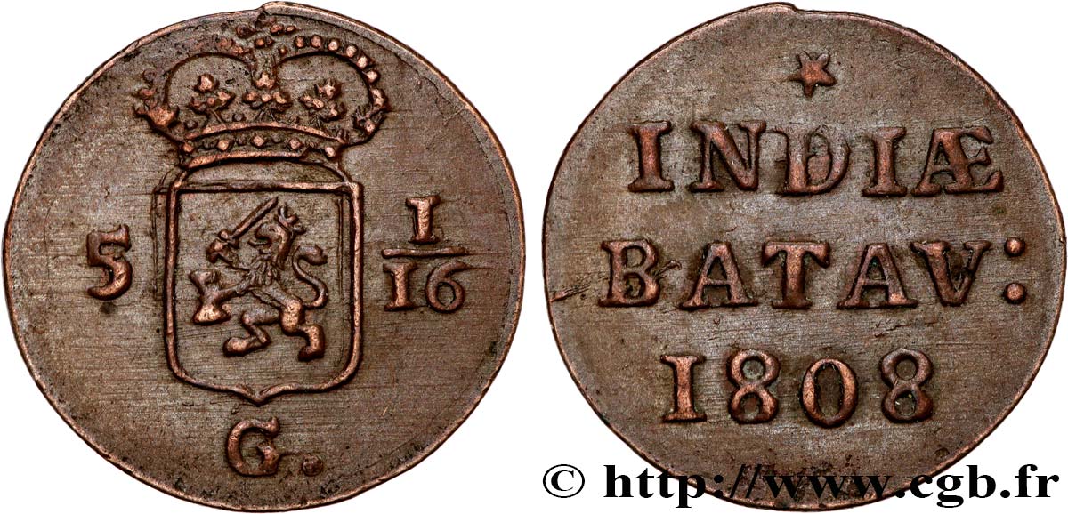 NETHERLANDS INDIES 5 1/16 Gulden (1 Duit) 1808 Enkhuizen AU 