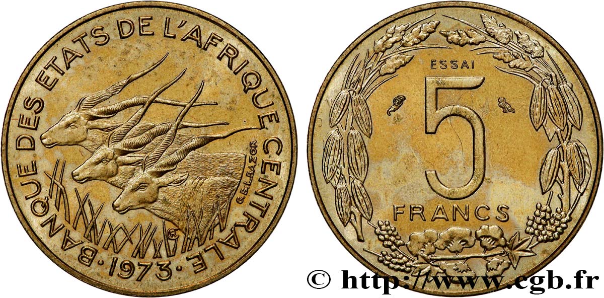 ESTADOS DE ÁFRICA CENTRAL
 Essai de 5 Francs antilopes 1973 Paris SC 