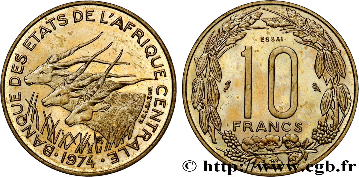 CENTRAL AFRICAN STATES Essai de 10 Francs antilopes 1974 Paris MS 