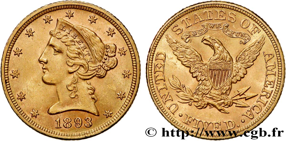 ÉTATS-UNIS D AMÉRIQUE 5 Dollars  Liberty  1893 Philadelphie TTB+ 