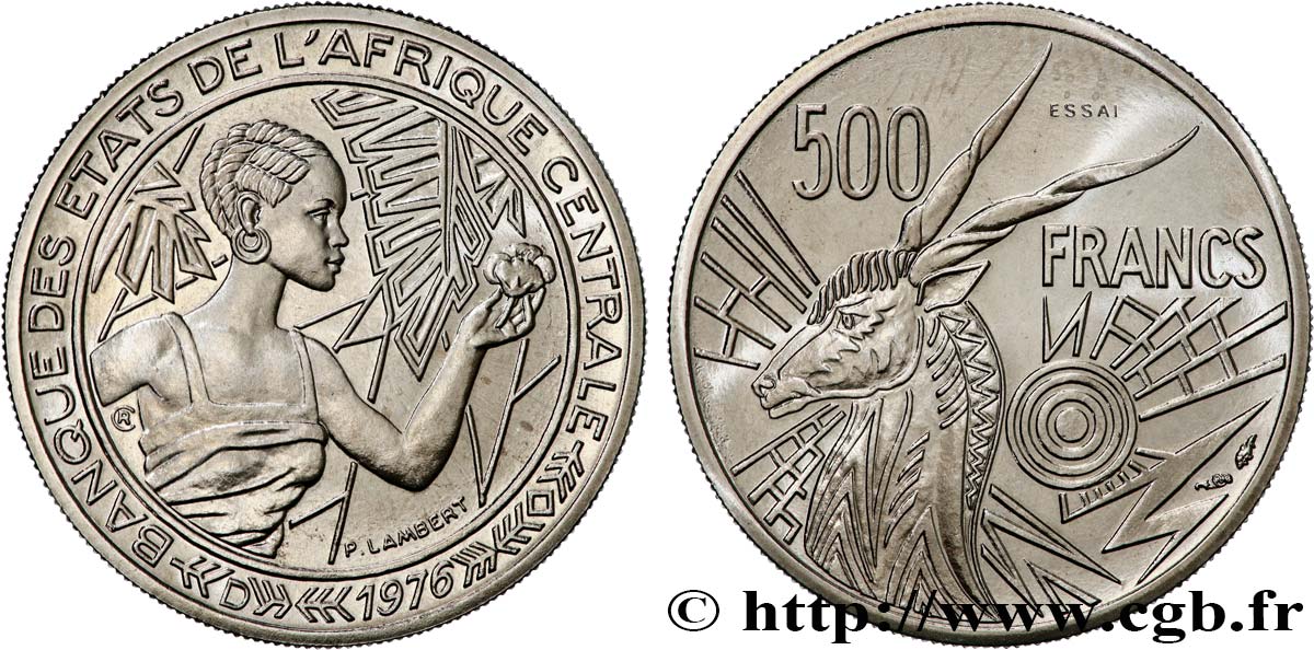ZENTRALAFRIKANISCHE LÄNDER Essai de 500 Francs femme / antilope lettre ‘D’ Gabon 1976 Paris fST 