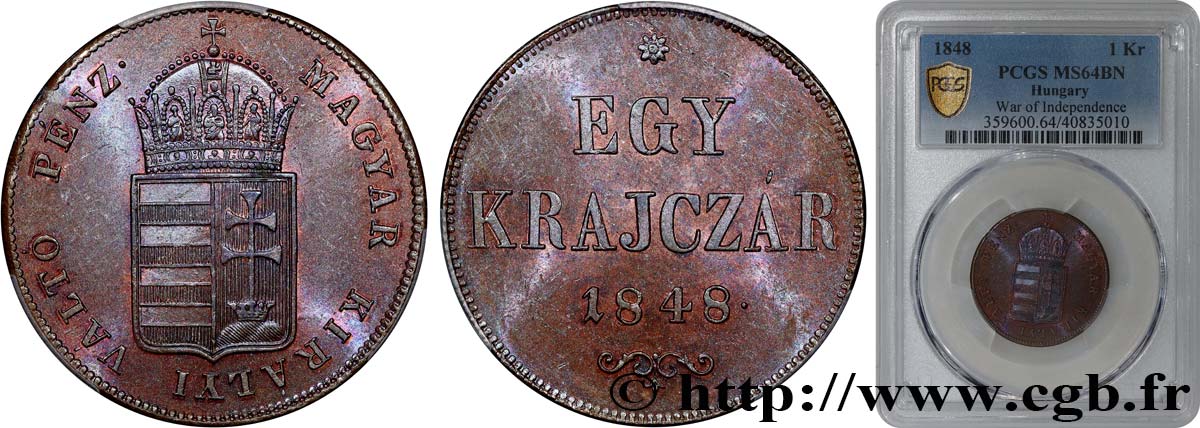 HUNGRíA 1 Krajczar monnayage de la guerre d’indépendance 1848  SC64 PCGS