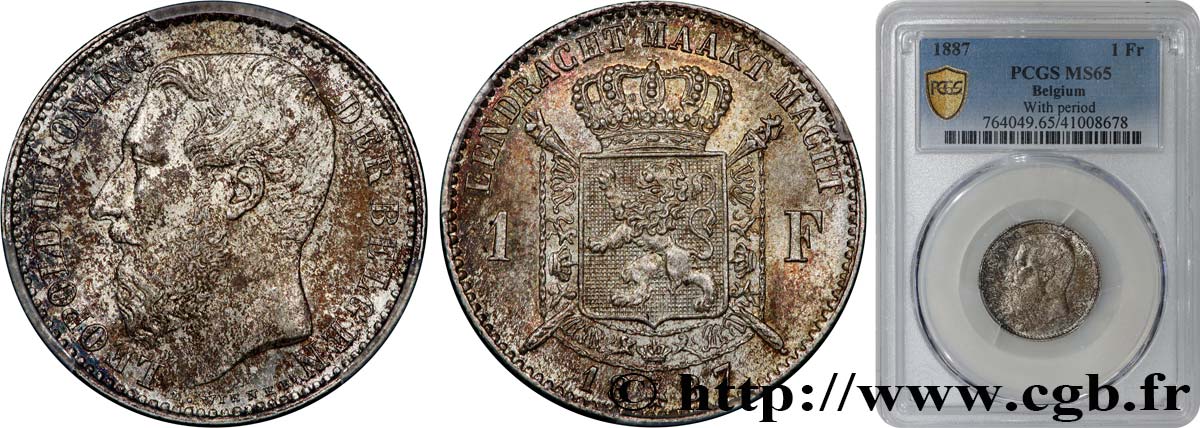 BELGIUM 1 Franc Léopold II légende flamande 1887  MS65 PCGS