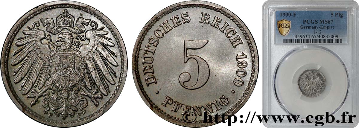 GERMANY 5 Pfennig 1900 Stuttgart MS67 PCGS