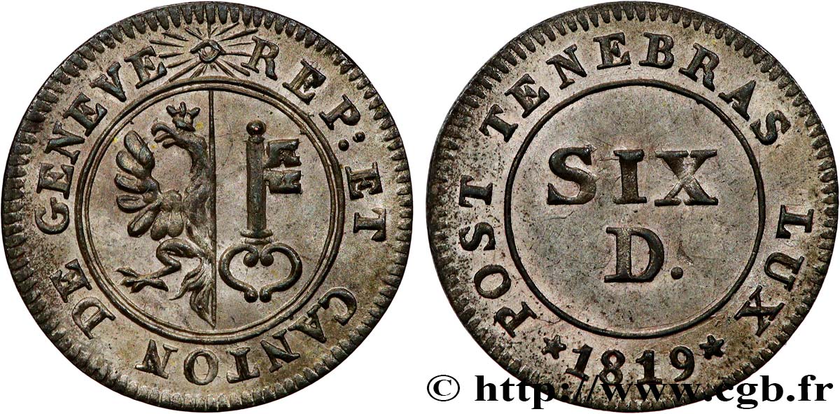 SWITZERLAND - REPUBLIC OF GENEVA 6 Deniers 1819  MS 