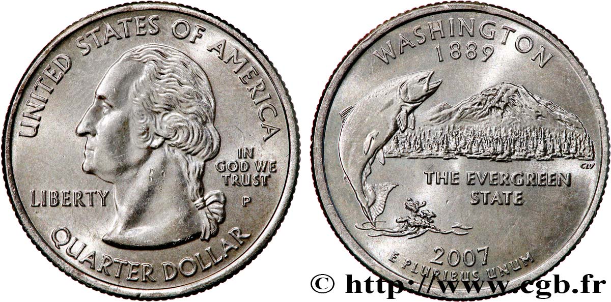UNITED STATES OF AMERICA 1/4 Dollar État de Washington : saumon et vue du Mount Rainier 2007 Philadelphie MS 
