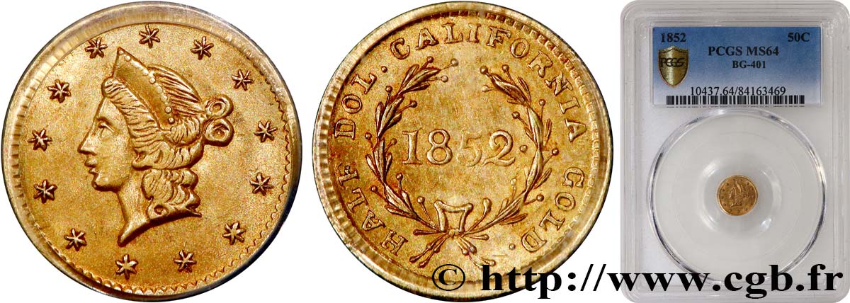 UNITED STATES OF AMERICA 1/2 Dollar Or  Liberty head  California 1852 Philadelphie SC64 PCGS