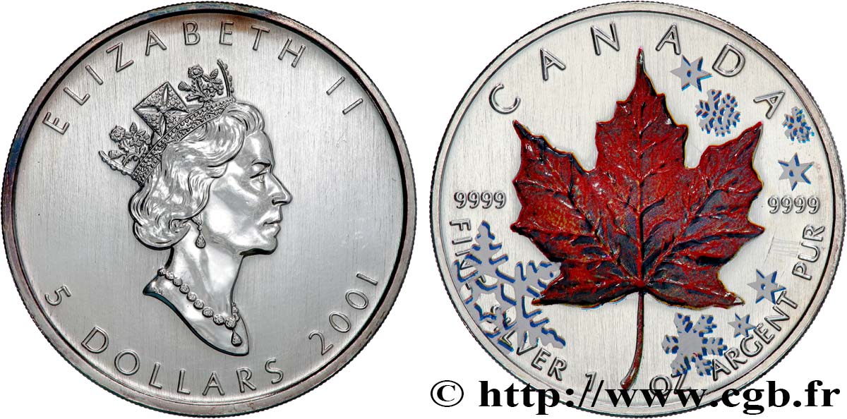 CANADA 5 Dollars (1 once) feuille d’érable 2001  FDC 