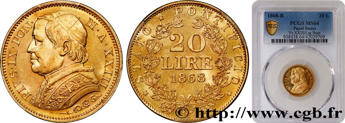 VATICAN AND PAPAL STATES 20 Lire Pie IX an XXIII 1868 Rome MS64 PCGS