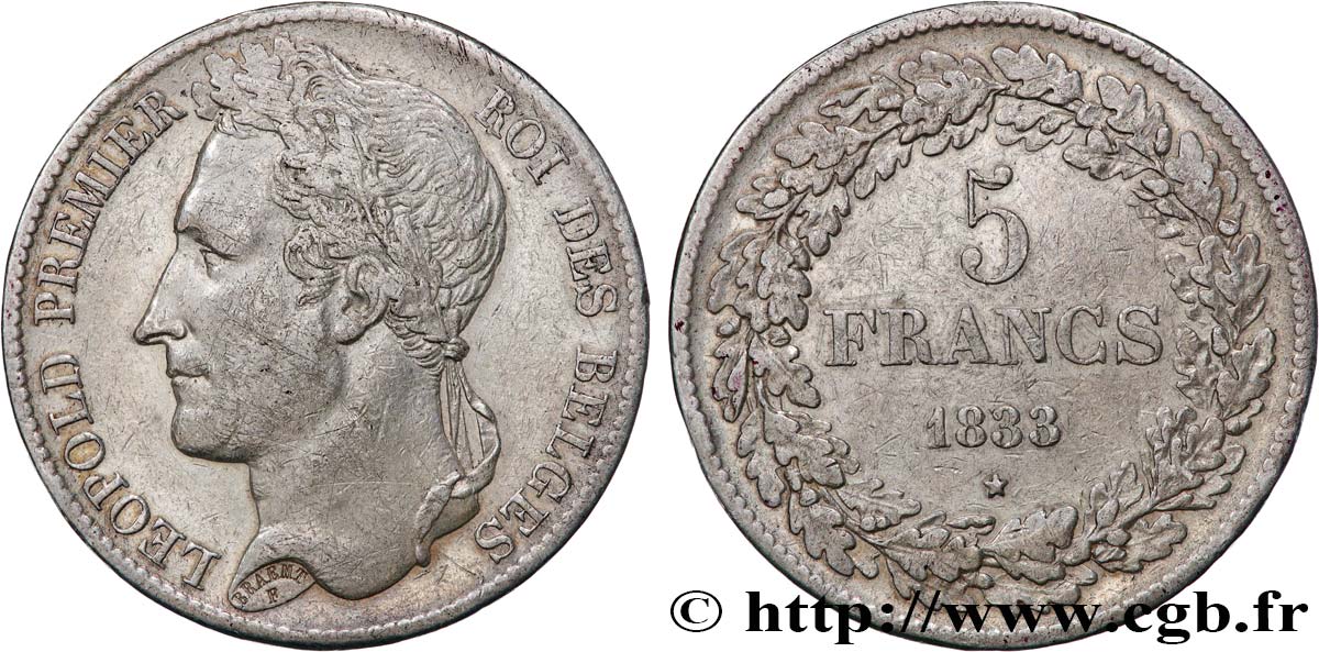 BELGIUM 5 Francs Léopold Ier 1833  XF 