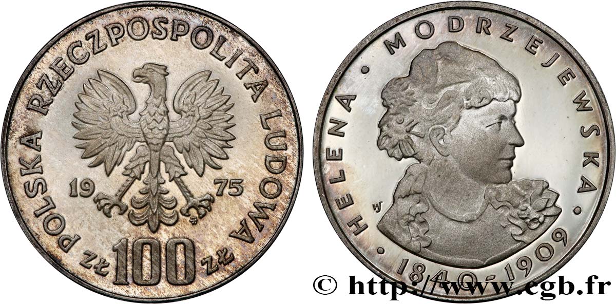 POLONIA 100 Zlotych Proof Helena Modrzejewska 1975 Varsovie SC 