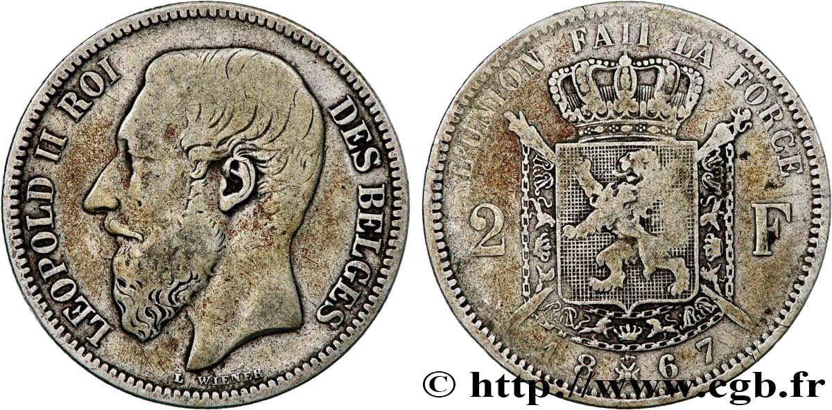 BELGIQUE 2 Francs Léopold II légende française 1867 TB+
