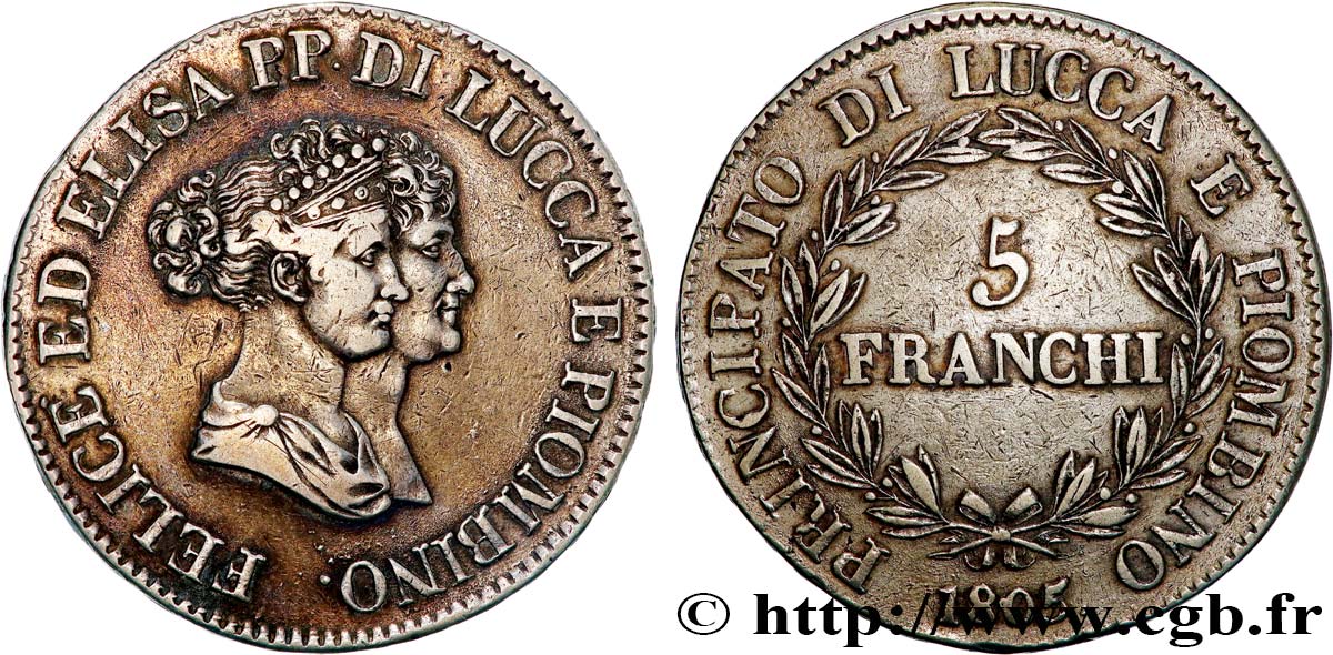 ITALIE - LUCQUES ET PIOMBINO 5 Franchi - moyens bustes 1805 Florence TB+ 