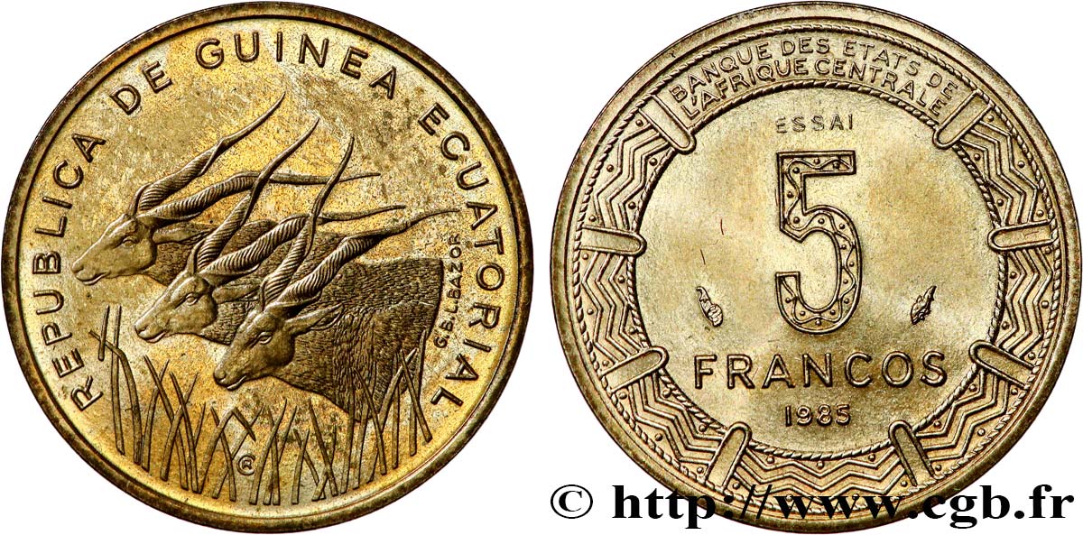 GUINEA EQUATORIALE Essai de 5 Francos BEAC antilopes 1985 Paris MS 