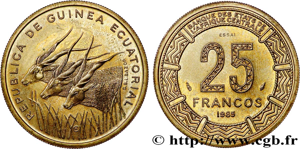 GUINÉE ÉQUATORIALE Essai de 25 Francos BEAC antilopes 1985 Paris SPL 