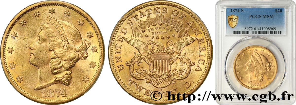 ÉTATS-UNIS D AMÉRIQUE 20 Dollars  Liberty  1874 San Francisco MS61 PCGS