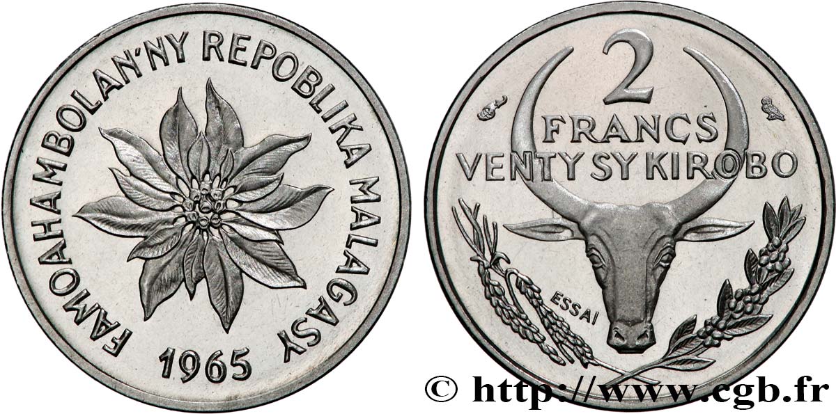 MADAGASKAR Essai 2 Francs - 1 Ariary 1965 Paris fST 