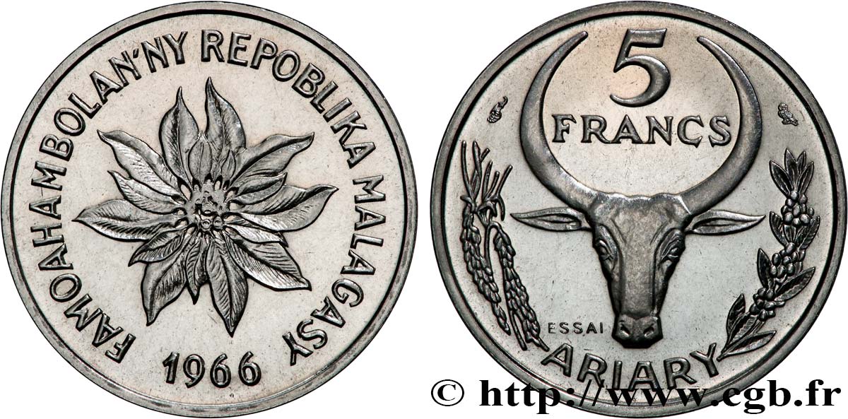 MADAGASKAR Essai 5 Francs - 1 Ariary 1966 Paris fST 