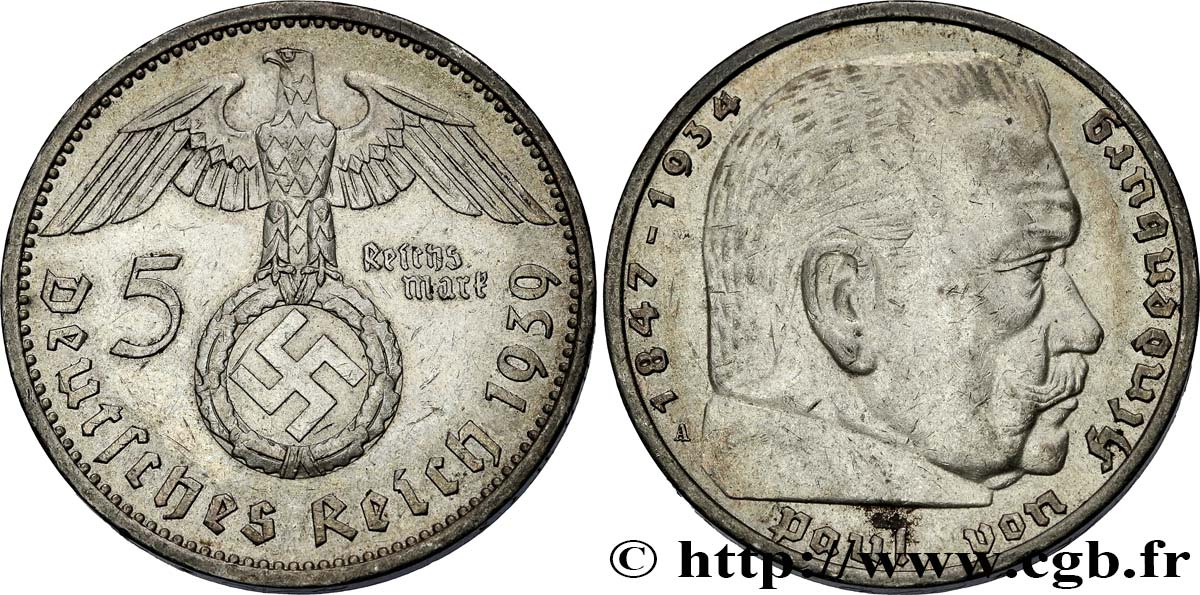 ALLEMAGNE 5 Reichsmark Maréchal Paul von Hindenburg 1939 Berlin TTB