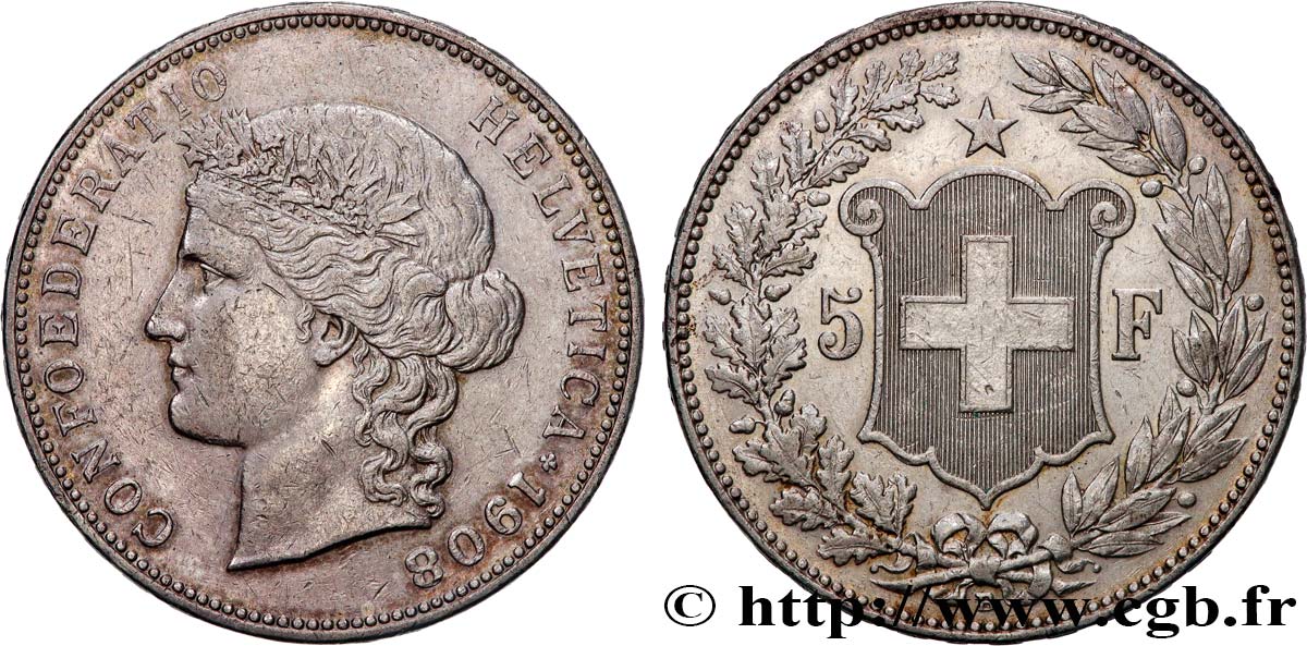 SWITZERLAND 5 Francs Helvetia 1908 Berne VF 