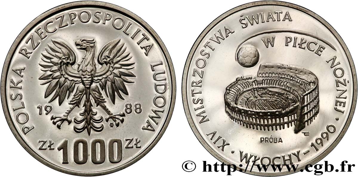 POLEN 1000 Zlotych Proba Proof Coupe du Monde de football Italie 1988 1988 Varsovie fST 