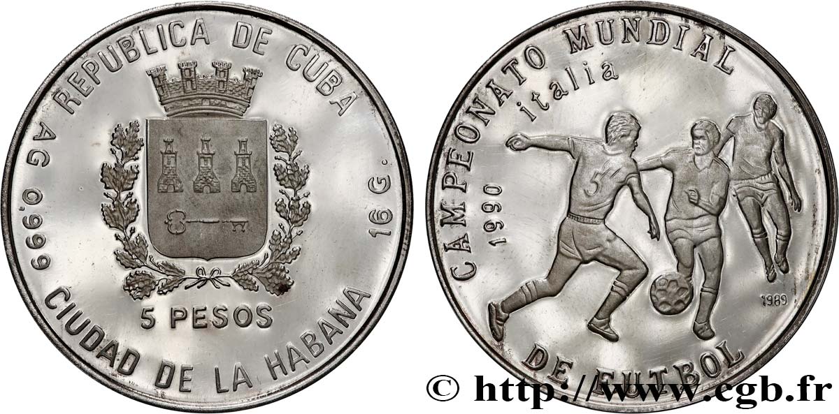 CUBA 5 Pesos Coupe du Monde de football Italie 1990 1989 La Havane MS 