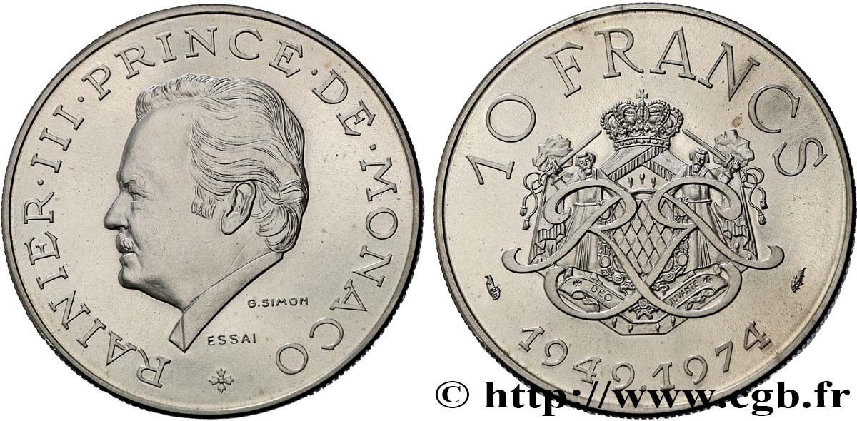 MONACO Essai de 10 Francs argent Rainier III 25e anniversaire de règne 1974 Paris MS 