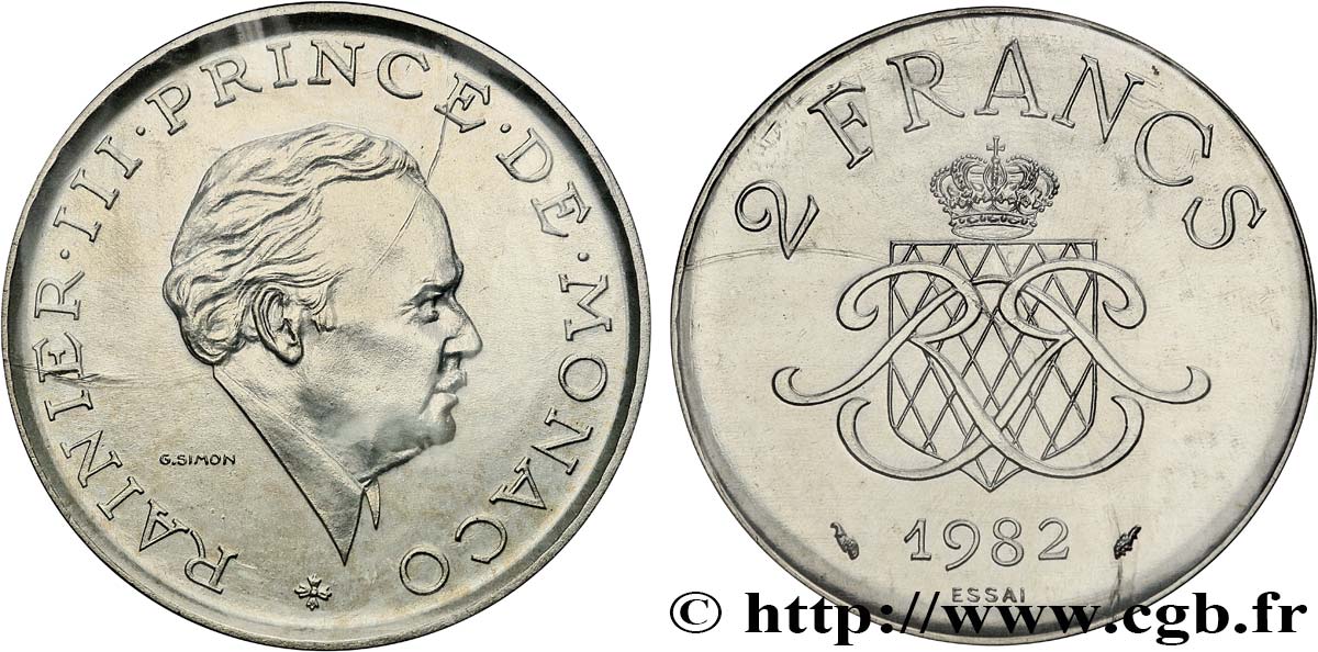 MONACO Essai 2 Francs en argent Rainier III 1982 Paris FDC 