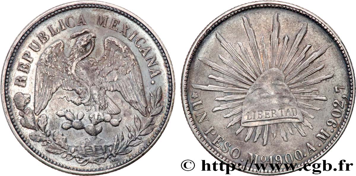 MEXICO 1 Peso aigle / bonnet phrygien et rayons 1900 Mexico AU 