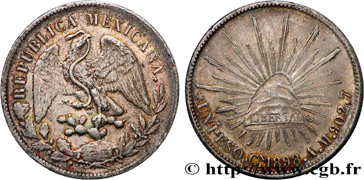 MEXICO 1 Peso aigle / bonnet phrygien et rayons 1898 Culiacan XF 