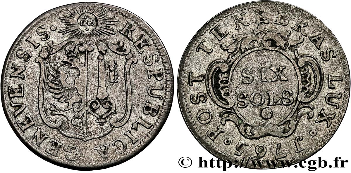 SWITZERLAND - REPUBLIC OF GENEVA 6 Sols 1765  VF 