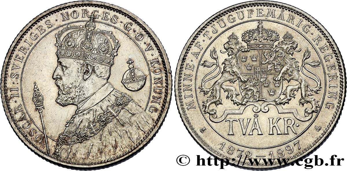 SUECIA 2 Kronor Oscar II - 25 e anniversaire du règne 1897 Stockholm EBC 