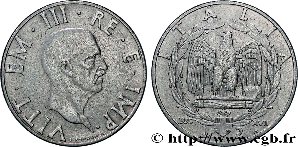 ITALIA 2 Lire Victor Emmanuel III an XVIII 1939 Rome q.SPL