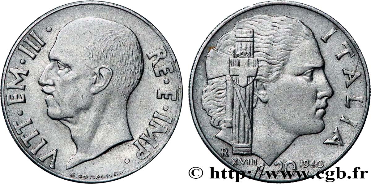 ITALY 20 Centesimi roi Victor-Emmanuel III an XVIII 1940 Rome - R XF